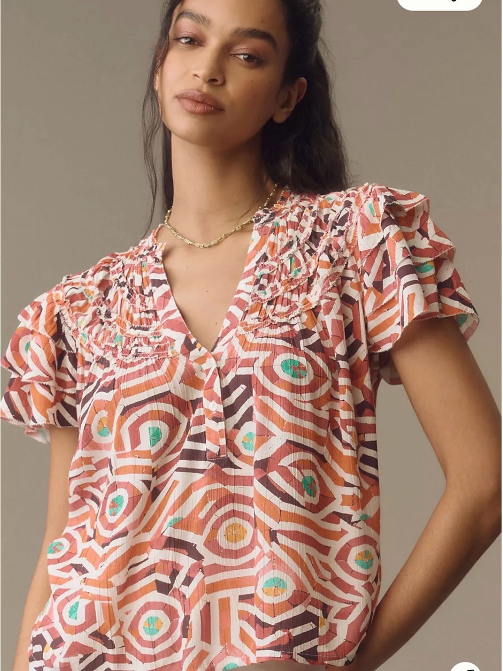 Anthropologie Maeve Coral Multi Printed V-Neck Flutter Sleeve Top